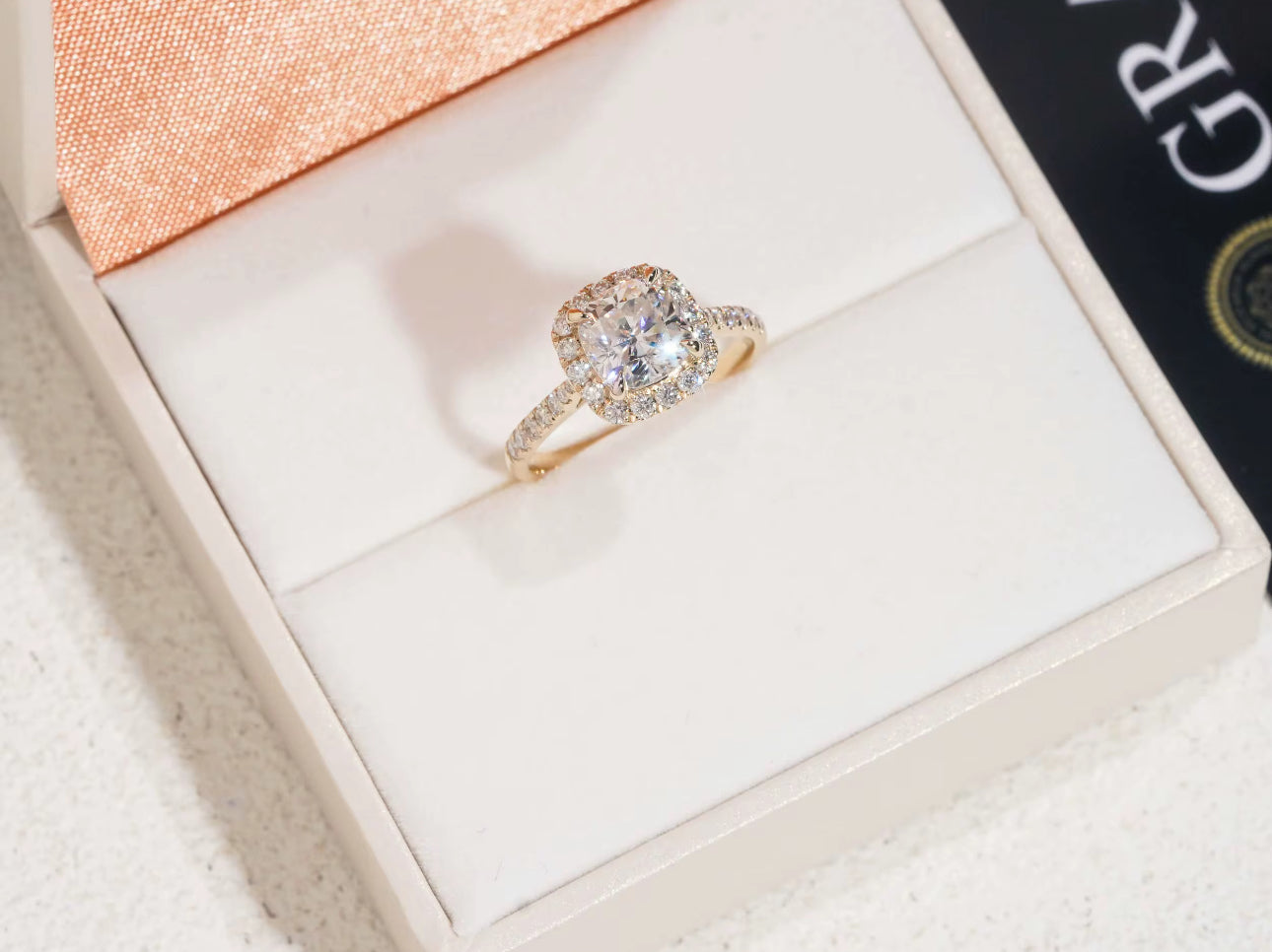 18K Dipped Gold Cushion Cut Moissanite Engagement Ring, Halo Design with Pavé Band, VVS1 Moissanite 2ct Gold Ring, Wedding Ring