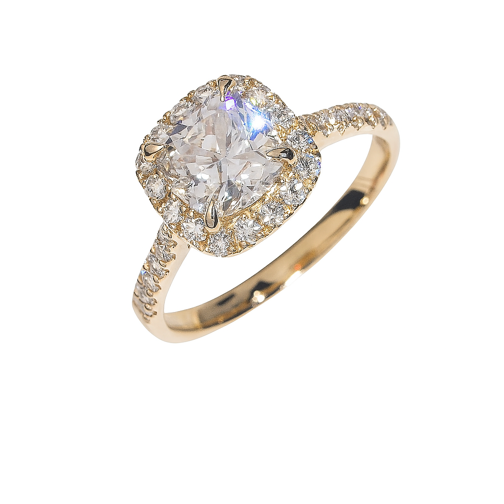 18K Dipped Gold Cushion Cut Moissanite Engagement Ring, Halo Design with Pavé Band, VVS1 Moissanite 2ct Gold Ring, Wedding Ring