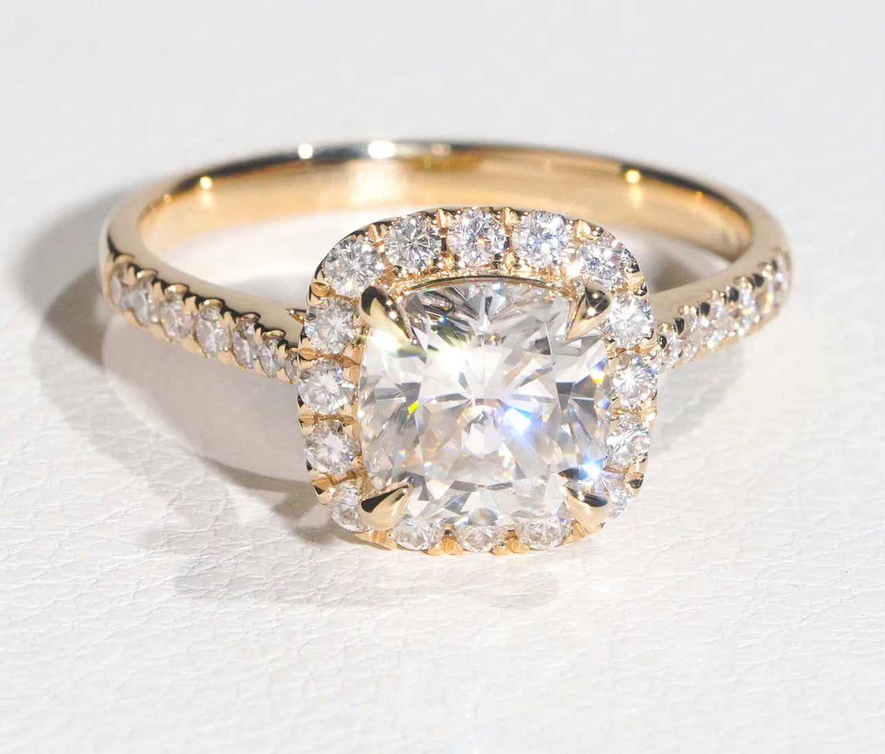 18K Dipped Gold Cushion Cut Moissanite Engagement Ring, Halo Design with Pavé Band, VVS1 Moissanite 2ct Gold Ring, Wedding Ring