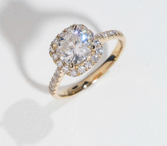 18K Dipped Gold Cushion Cut Moissanite Engagement Ring, Halo Design with Pavé Band, VVS1 Moissanite 2ct Gold Ring, Wedding Ring