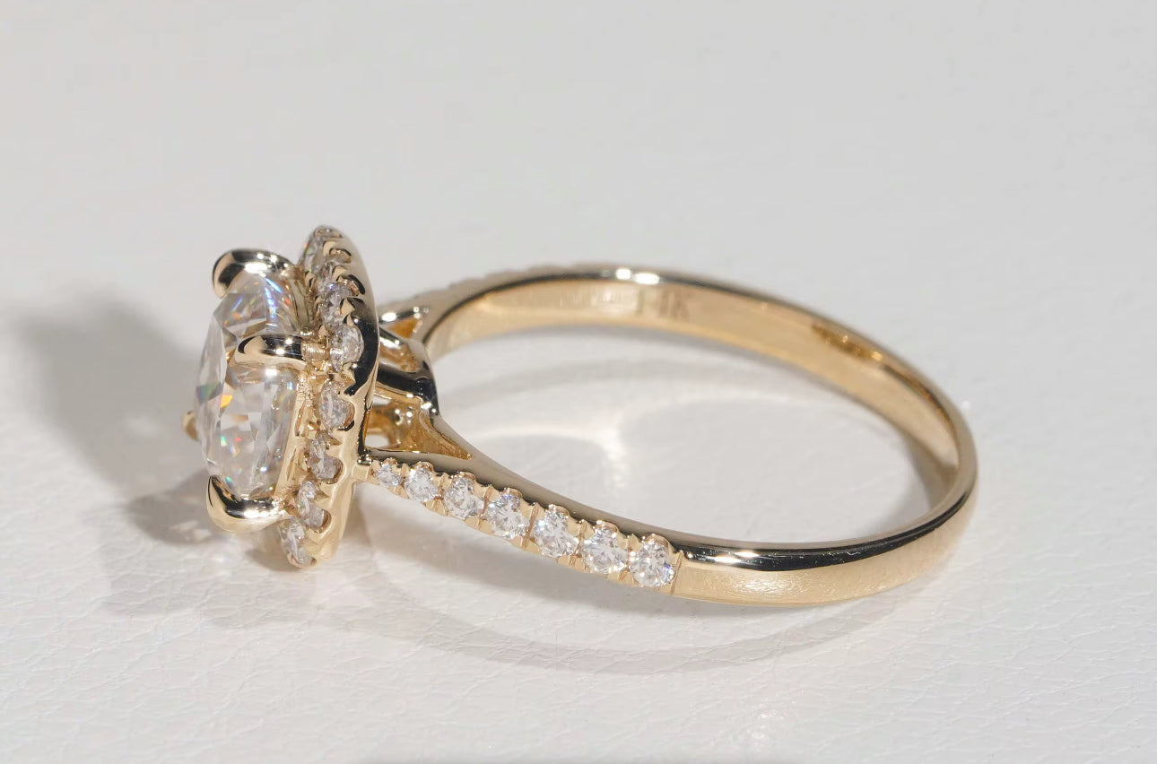 18K Dipped Gold Cushion Cut Moissanite Engagement Ring, Halo Design with Pavé Band, VVS1 Moissanite 2ct Gold Ring, Wedding Ring
